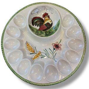 Vintage Rooster Ceramic Egg Serving Platter in White and Green